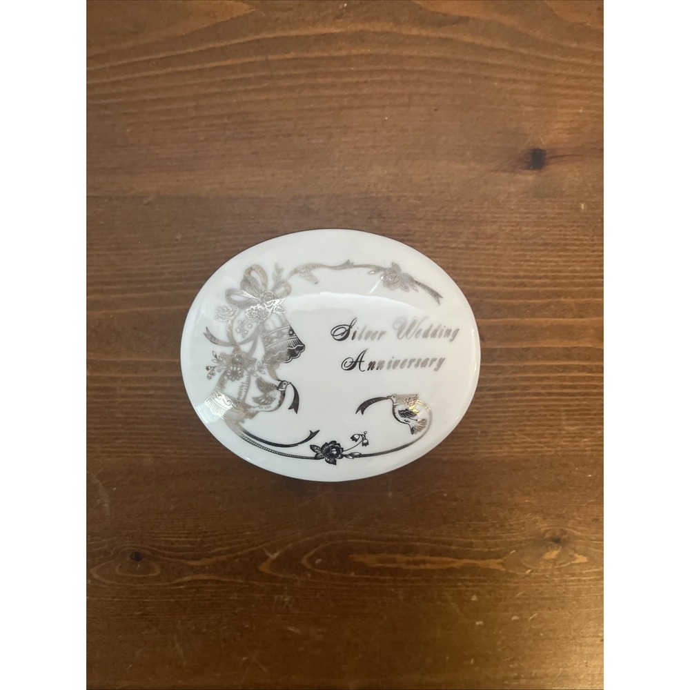 25th Silver Wedding Anniversary Oval Trinket Box Lefton China White Doves Bells
